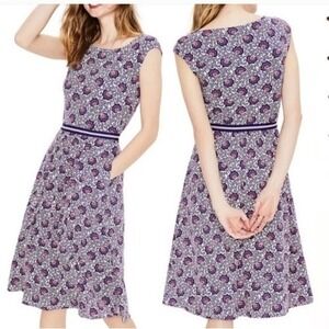 Boden Floral Fit & Flare Dress US 10R UK 14R‎ Blue Red Sleeveless Cotton Stretch